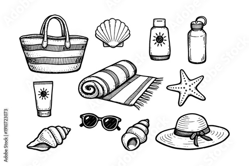 Beach essentials: towel, sunglasses, hat, sunscreen, shells, bag, and starfish illustration
