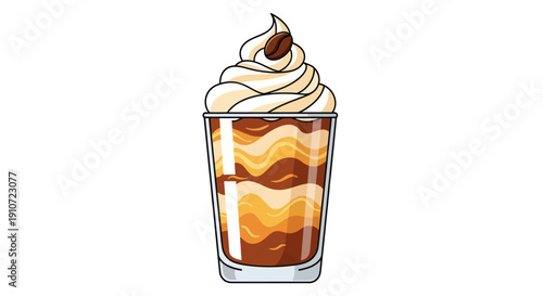 Layered coffee dessert parfait with whipped cream and coffee bean garnish.