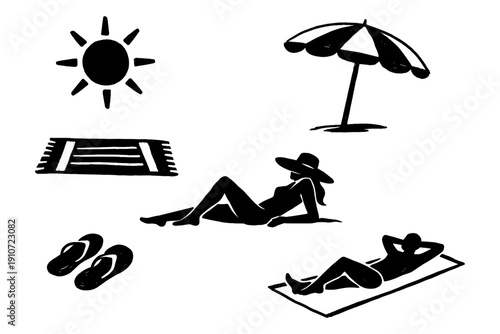 Silhouettes of women relaxing at the beach with umbrella and sun