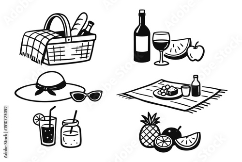 Picnic basket and refreshments with fruit and hat icon set