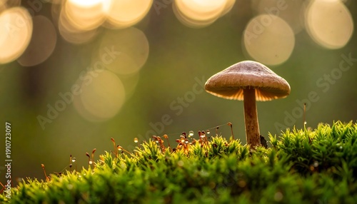 Wallpaper Mural Close-up of a small mushroom illuminated by sunlight against blurred background Torontodigital.ca