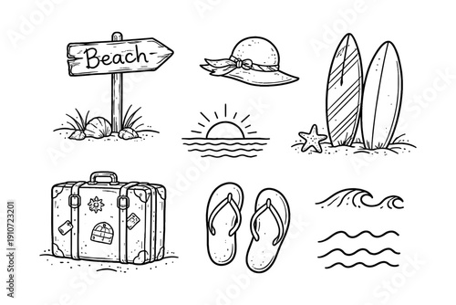 Hand-drawn beach elements including surfboards, flip flops, waves, and more