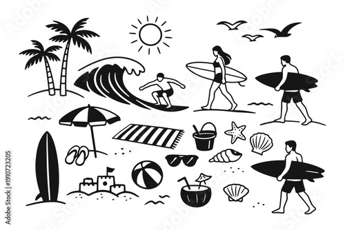 Silhouette summer beach elements: surfing, relaxation, and fun in the sun