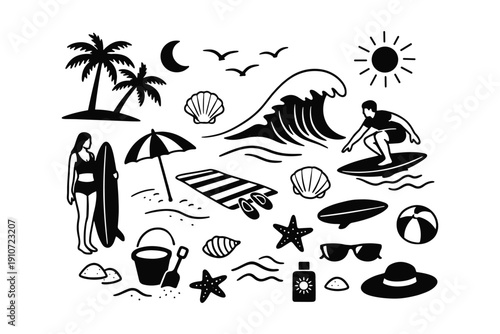 Beach icons: surfing, sun, and sea adventure in black and white