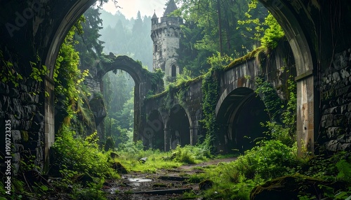 Enchanted Ruins - A Mystical Castle Embraced by Lush Greenery.