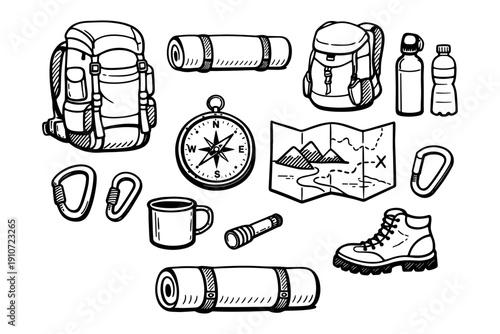 Camping gear essentials: backpack, compass, map, hiking boots, and more