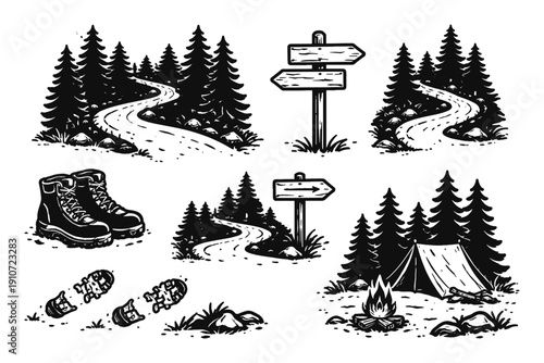 Vintage camping illustration with tent, campfire, boots, and signpost in forest