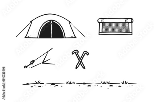 Camping essentials: tent, sleeping bag, stakes, grass terrain
