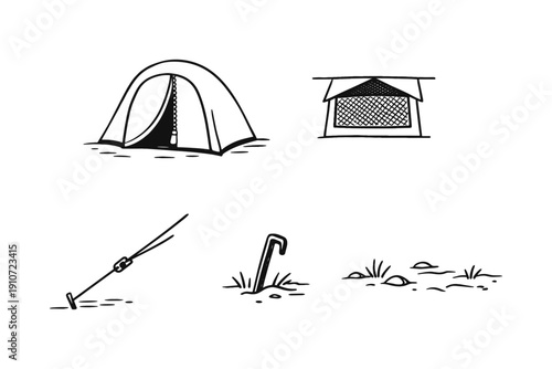 Camping essentials: tent, campfire, tool, pegs, nature elements
