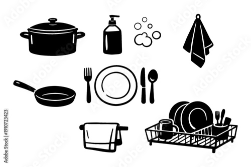 Kitchen utensils and dishware silhouette collection in black