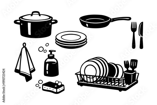 Kitchenware set: pots, pans, dishes, cutlery, soap, sponge, drying rack