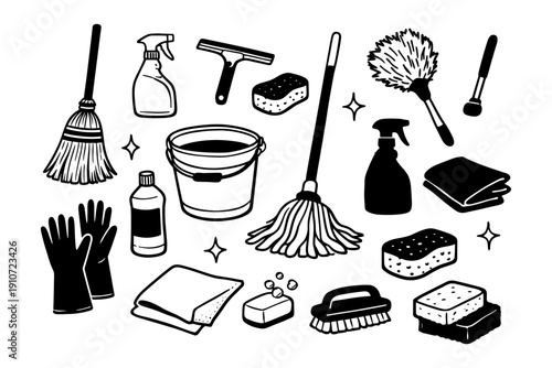 Assorted cleaning supplies and tools illustrations on white background