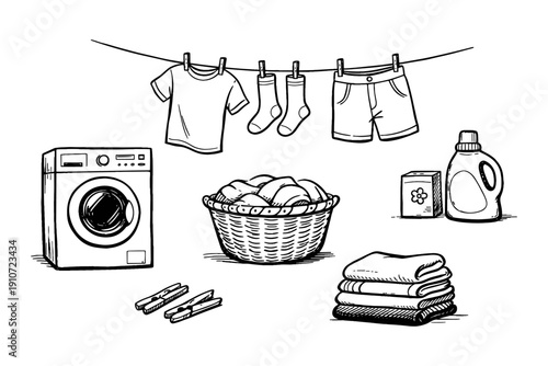 Laundry essentials: washing machine, clothesline, detergent, and basket