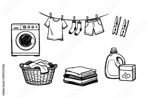 Laundry essentials: washing machine, clothesline, detergent, and basket illustration