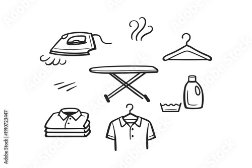 Laundry essentials: iron, ironing board, hangers, shirts, and detergent line art