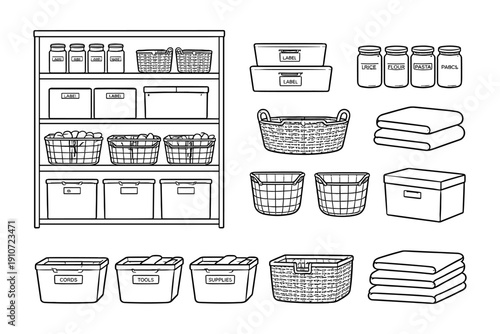 Organized storage solutions with containers, baskets, and jars on shelves