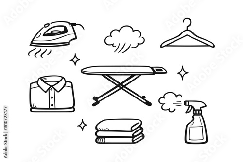 Essential laundry icons set: iron, steam, hanger, shirt, ironing board, towels, spray bottle