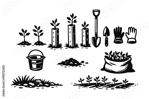 Gardening tools and plant growth icons with shovel, gloves, bucket, and seedlings