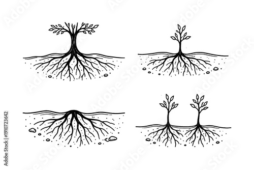 Four tree growth stages with root systems illustration