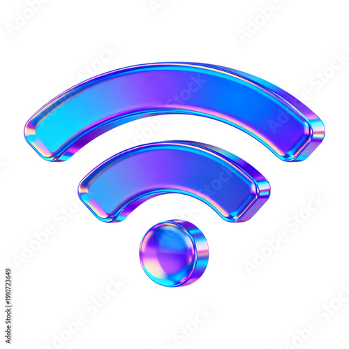 A vibrant 3d rendered wifi signal icon with a holographic effect on transparent background high quality