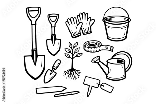 Gardening tools illustration: shovel, gloves, bucket, seedling, watering can, trowel, tape measure