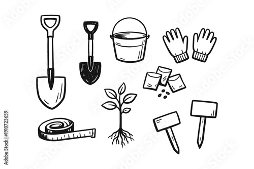 Gardening tools set: shovel, bucket, gloves, seeds, plant, markers, tape measure