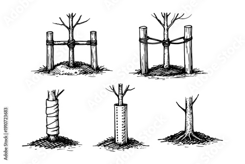 Tree staking and protection techniques: methods and materials for ensuring tree stability and growth
