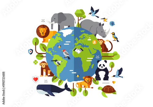 Vector flat design illustration of various animals surrounding a globe with green and blue continents on a white background.