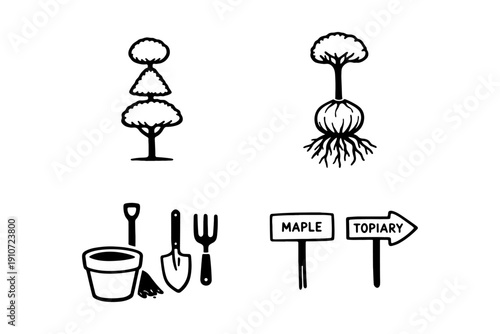 Topiary tree outline icons with gardening tools and signs
