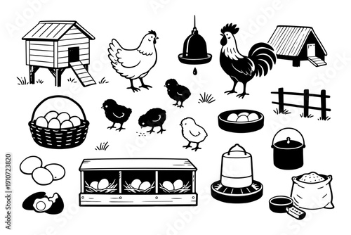Farm icons: chickens, coops, eggs, rooster, basket, feed, fence