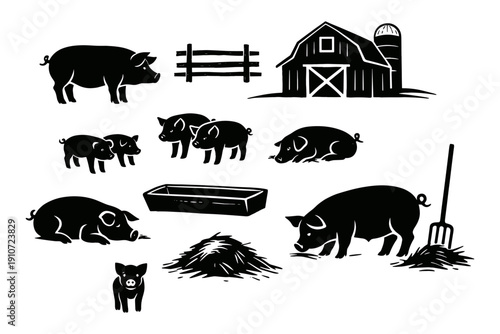 Silhouette illustrations of pigs and barnyard scene