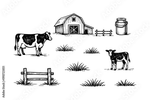 Rural farm scene with cows, barn, fence, and milk canister