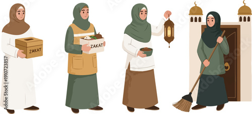 Muslim Women Giving Charity and Zakat During Ramadan Celebration Set