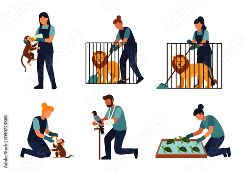 Vector flat design illustration of a zookeeper performing various tasks with animals and equipment in a cage, with a clean and minimalist aesthetic.
