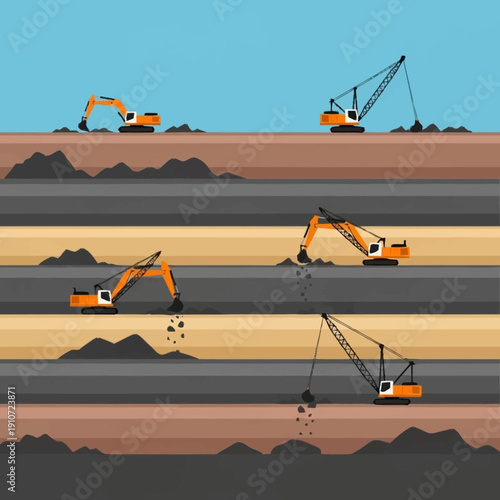 Heavy machinery excavating earth in a multi-layered open-pit mine.