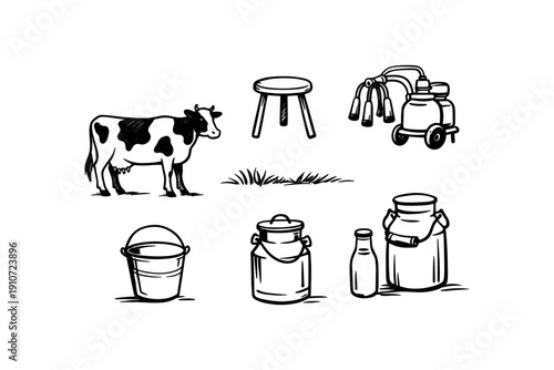 Dairy farm elements: cow, milking equipment, milk cans, and stool