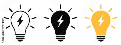 Electric light bulb symbols illustrating power, electricity, innovation, and smart technology with lightning bolt in modern vector style