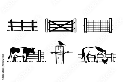 Farm animal and fence silhouettes featuring cows, horses, birds, and fence designs