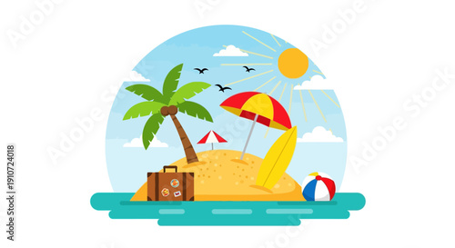 Tropical beach vacation with luggage and umbrella.