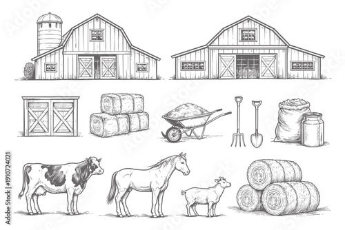 Rustic farm scene with barns, hay, tools, and farm animals