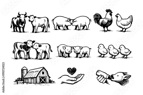 Farm animals and rural life illustration with cows, sheep, chickens, piglets, barn, and heart symbol