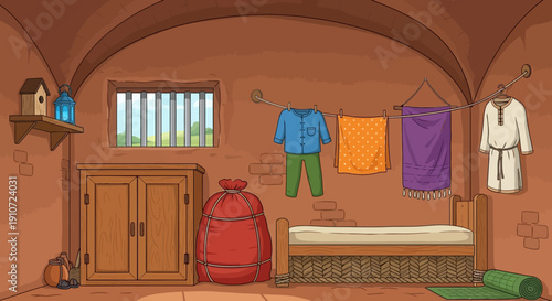 Cozy Cartoon Bedroom with Clothes and Furniture.