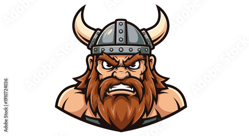 Angry Viking Cartoon Character with Horned Helmet.