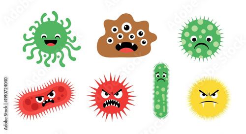 Cartoon bacteria and germs with angry faces on white background.