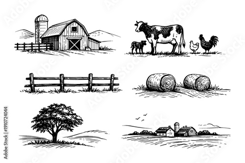 Rustic farm scenes: barn, animals, hay, and landscape illustrations