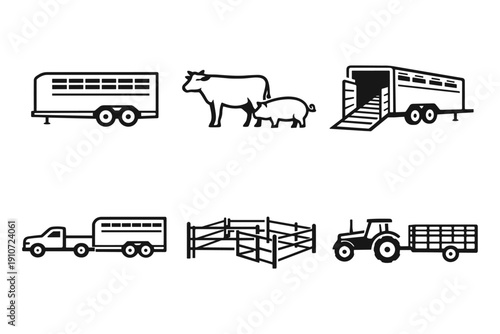 Livestock transport and farming icon set featuring animals and equipment