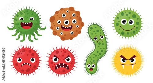 Cartoon germs and microbes with different facial expressions.