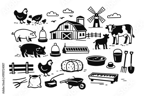 Farm animals and equipment illustration featuring chickens, pig, cow, windmill, barn, and tools