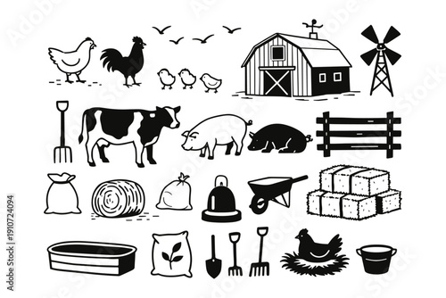 Black and white farm animals and equipment silhouette set