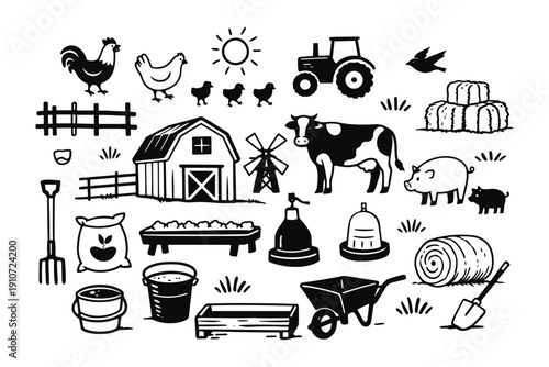 Black and white farm elements with animals and equipment icons